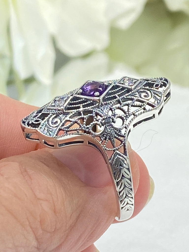 Natural Purple Amethyst Ring, White CZ accents, Sterling silver filigree, Bridgerton design, D593, Silver Embrace Jewelry