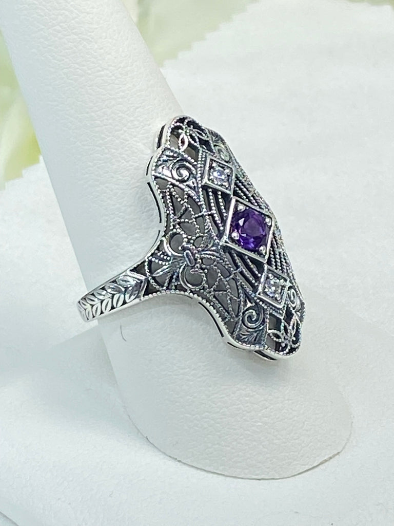 Natural Purple Amethyst Ring, White CZ accents, Sterling silver filigree, Bridgerton design, D593, Silver Embrace Jewelry