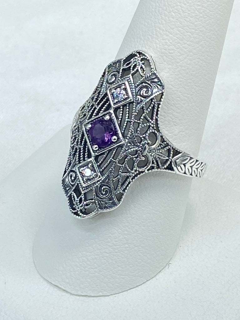 Natural Purple Amethyst Ring, White CZ accents, Sterling silver filigree, Bridgerton design, D593, Silver Embrace Jewelry