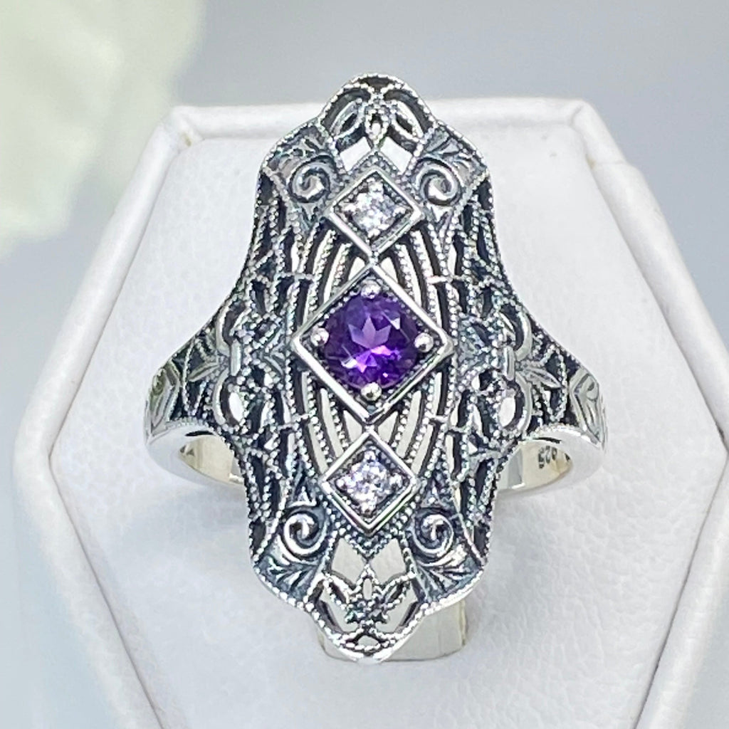 Natural Purple Amethyst Ring, White CZ accents, Sterling silver filigree, Bridgerton design, D593, Silver Embrace Jewelry