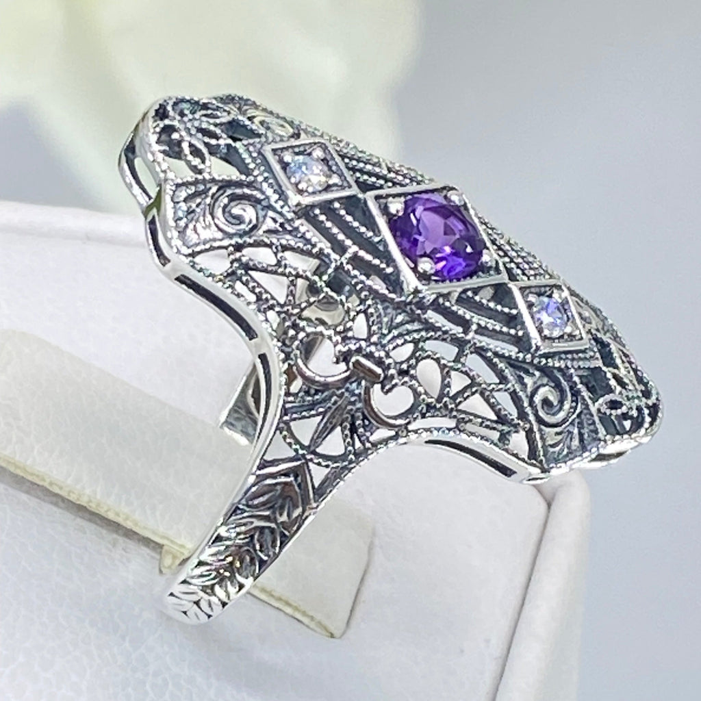 Natural Purple Amethyst Ring, White CZ accents, Sterling silver filigree, Bridgerton design, D593, Silver Embrace Jewelry