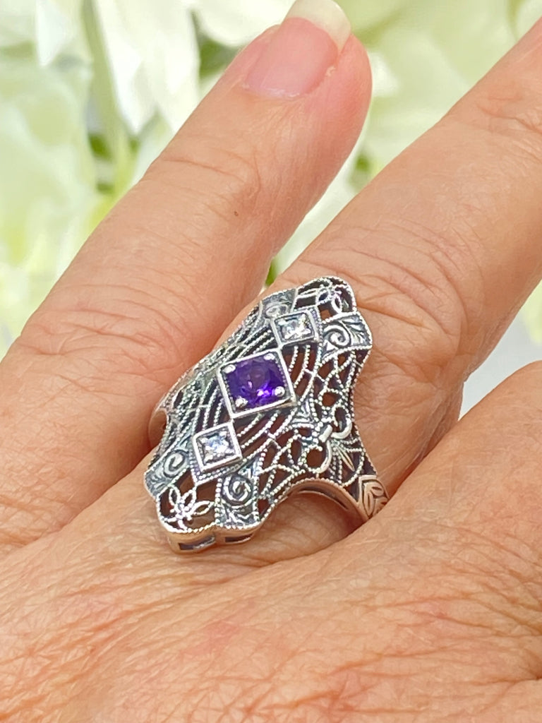 Natural Purple Amethyst Ring, White CZ accents, Sterling silver filigree, Bridgerton design, D593, Silver Embrace Jewelry