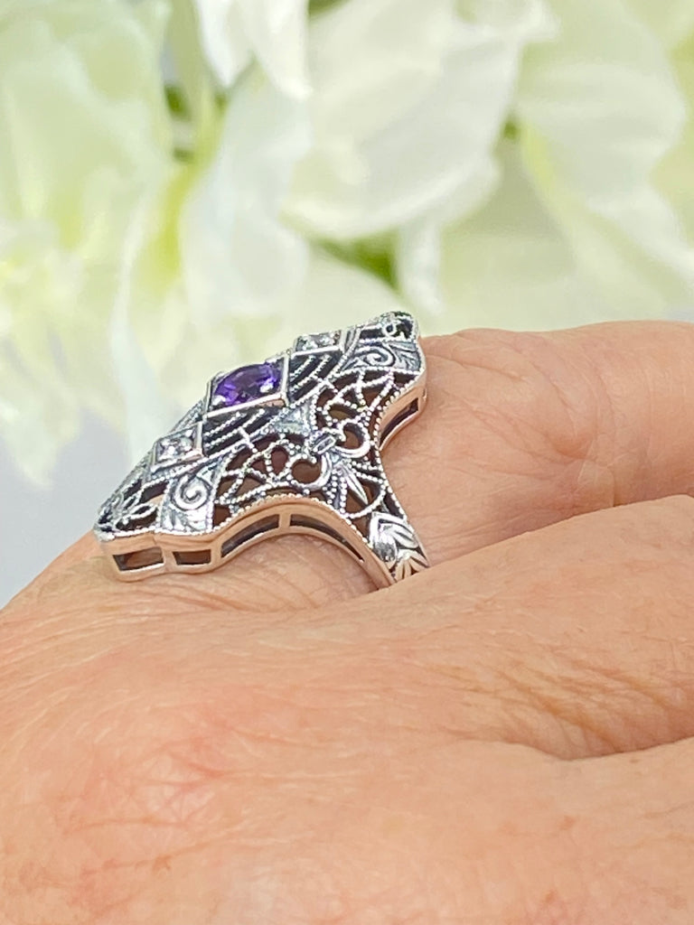 Natural Purple Amethyst Ring, White CZ accents, Sterling silver filigree, Bridgerton design, D593, Silver Embrace Jewelry