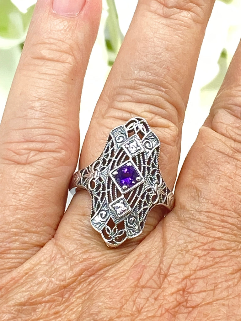 Natural Purple Amethyst Ring, White CZ accents, Sterling silver filigree, Bridgerton design, D593, Silver Embrace Jewelry