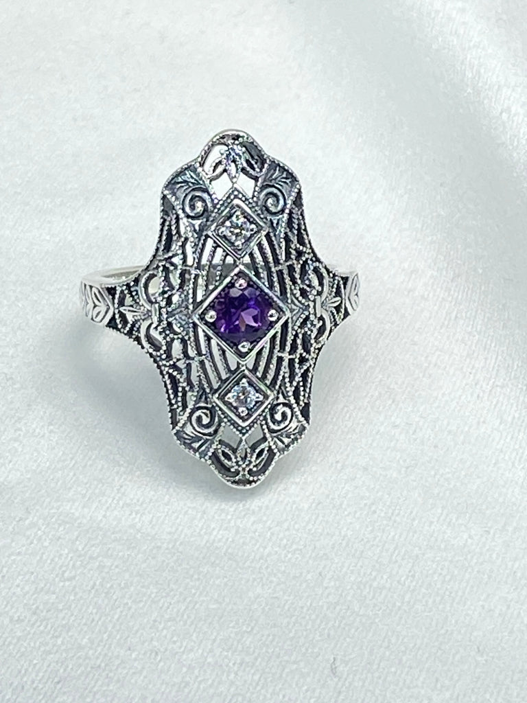 Natural Purple Amethyst Ring, White CZ accents, Sterling silver filigree, Bridgerton design, D593, Silver Embrace Jewelry