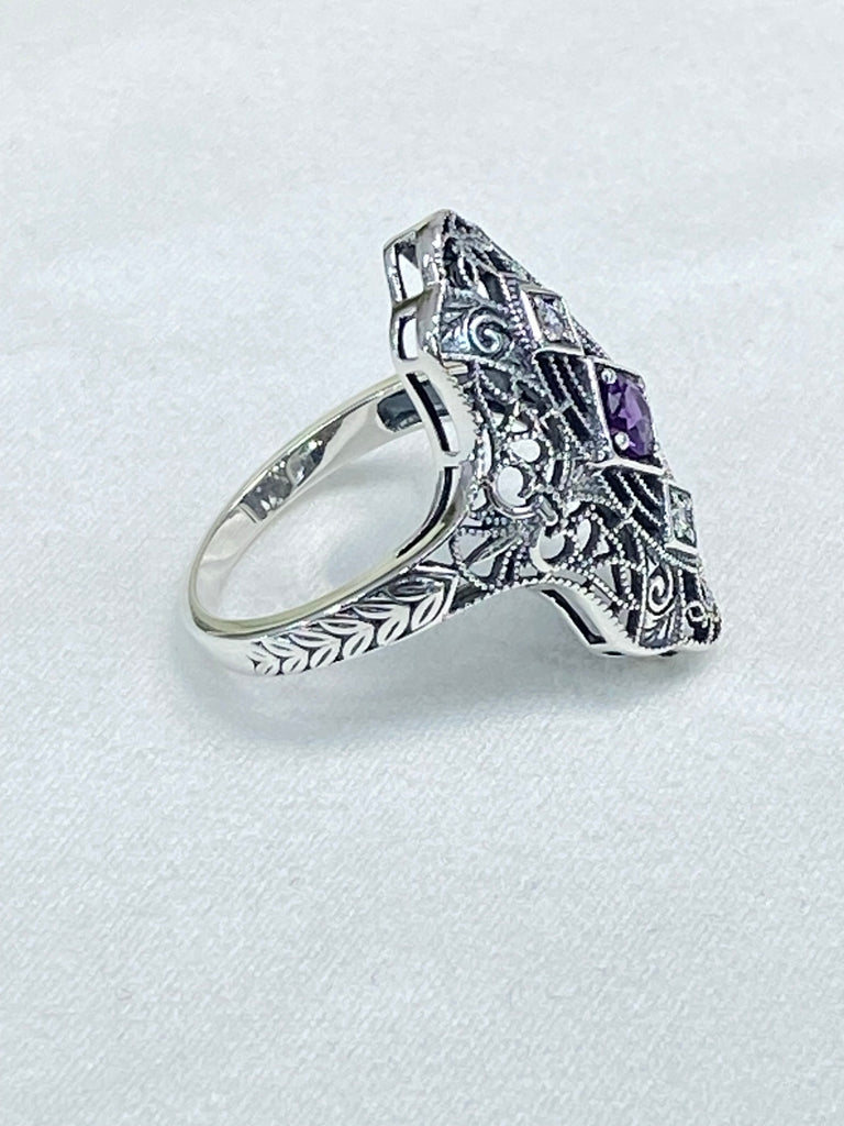 Natural Purple Amethyst Ring, White CZ accents, Sterling silver filigree, Bridgerton design, D593, Silver Embrace Jewelry