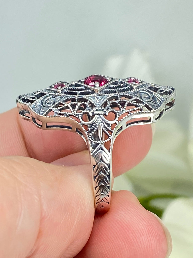 Ruby Ring, Bridgerton design, Triple gem ring, intricate filigree, sterling silver, Silver Embrace Jewelry, D593