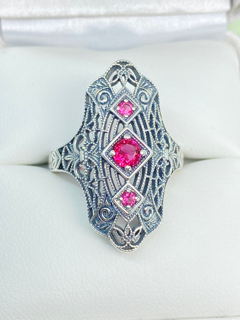 Ruby Ring, Bridgerton design, Triple gem ring, intricate filigree, sterling silver, Silver Embrace Jewelry, D593