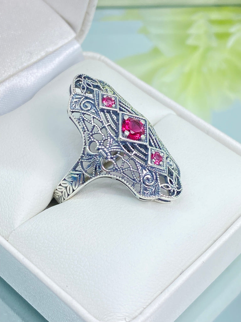 Ruby Ring, Bridgerton design, Triple gem ring, intricate filigree, sterling silver, Silver Embrace Jewelry, D593