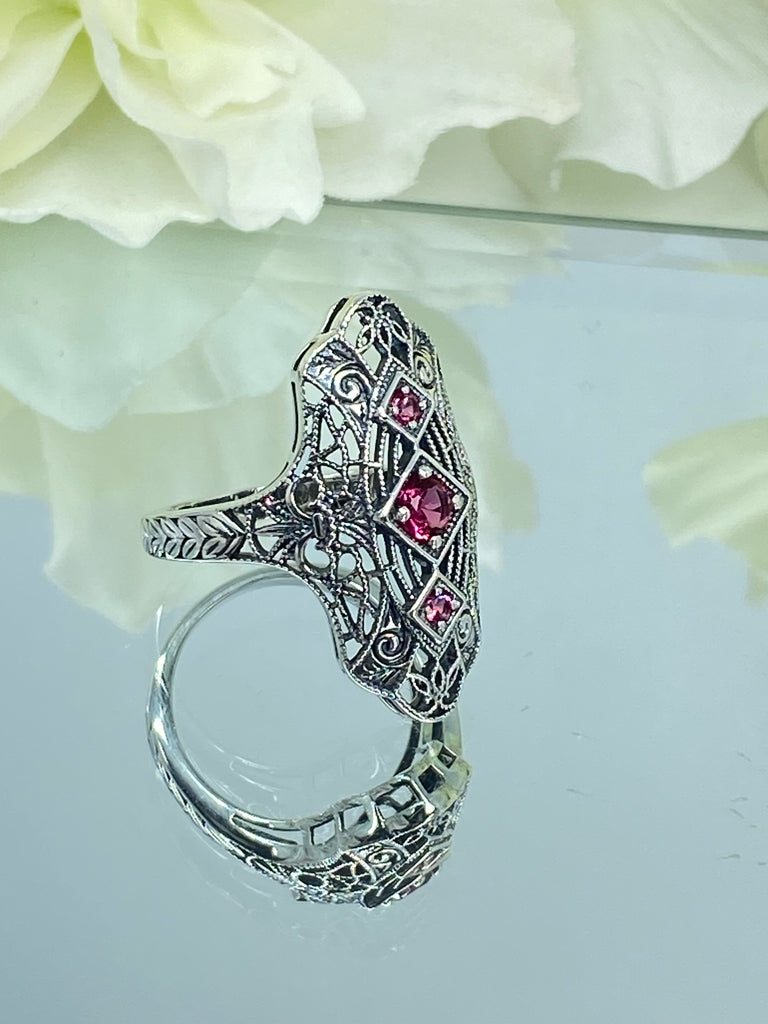 Ruby Ring, Bridgerton design, Triple gem ring, intricate filigree, sterling silver, Silver Embrace Jewelry, D593