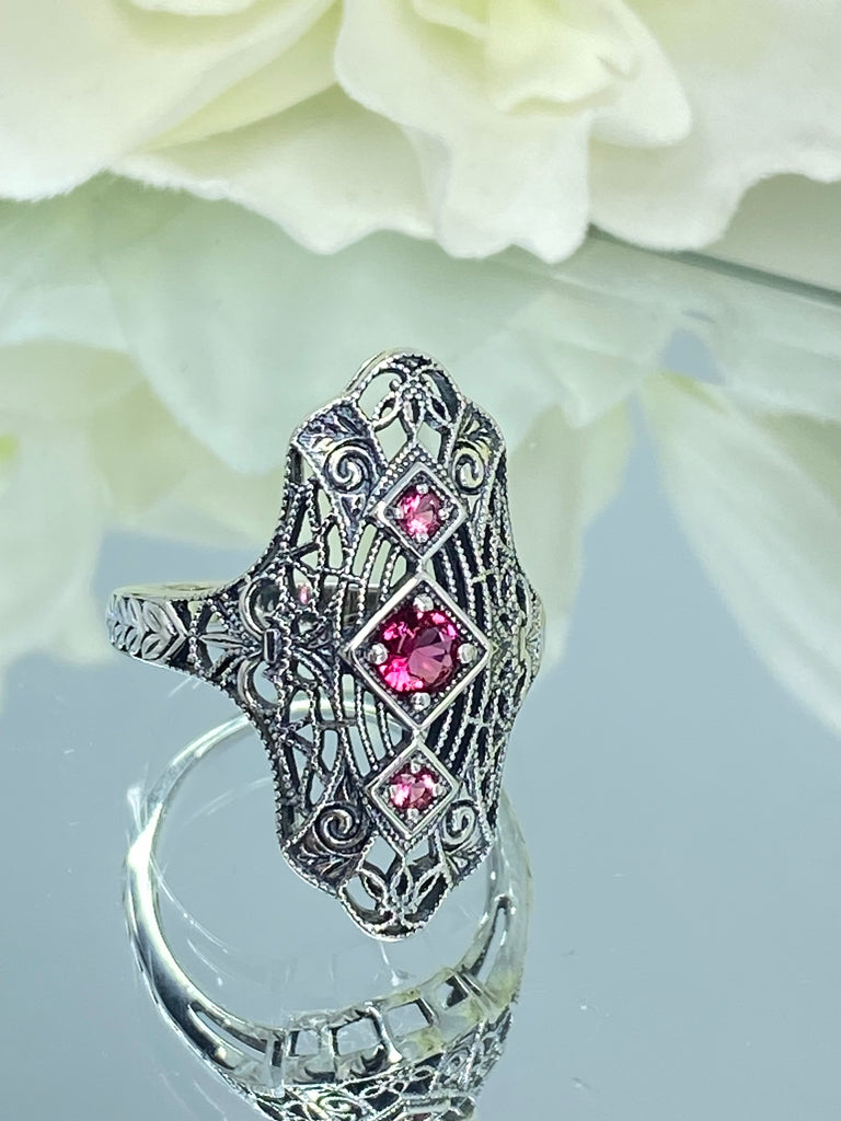 Ruby Ring, Bridgerton design, Triple gem ring, intricate filigree, sterling silver, Silver Embrace Jewelry, D593