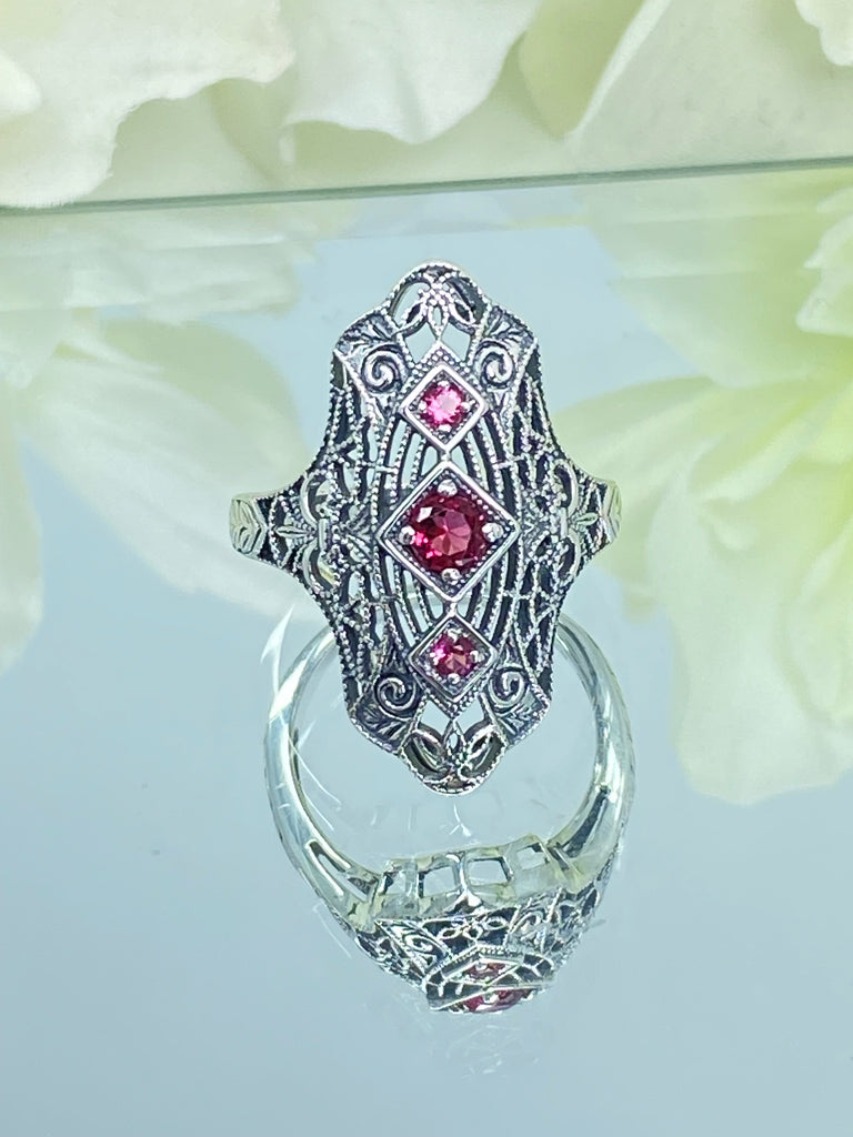 Ruby Ring, Bridgerton design, Triple gem ring, intricate filigree, sterling silver, Silver Embrace Jewelry, D593