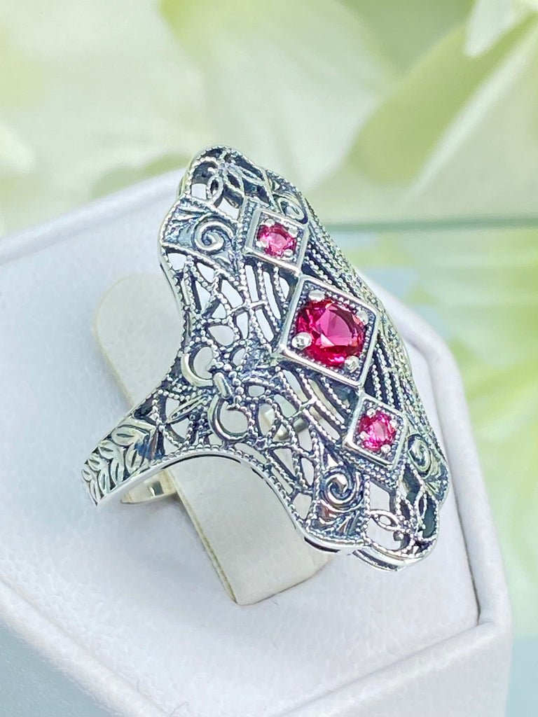 Ruby Ring, Bridgerton design, Triple gem ring, intricate filigree, sterling silver, Silver Embrace Jewelry, D593