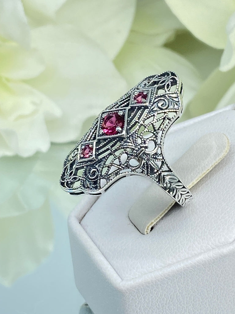 Ruby Ring, Bridgerton design, Triple gem ring, intricate filigree, sterling silver, Silver Embrace Jewelry, D593