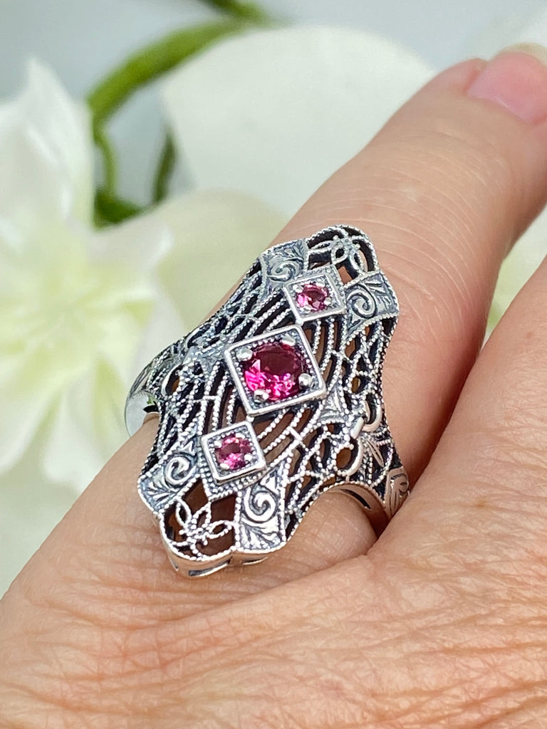 Ruby Ring, Bridgerton design, Triple gem ring, intricate filigree, sterling silver, Silver Embrace Jewelry, D593