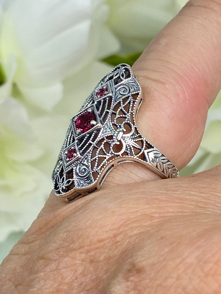 Ruby Ring, Bridgerton design, Triple gem ring, intricate filigree, sterling silver, Silver Embrace Jewelry, D593