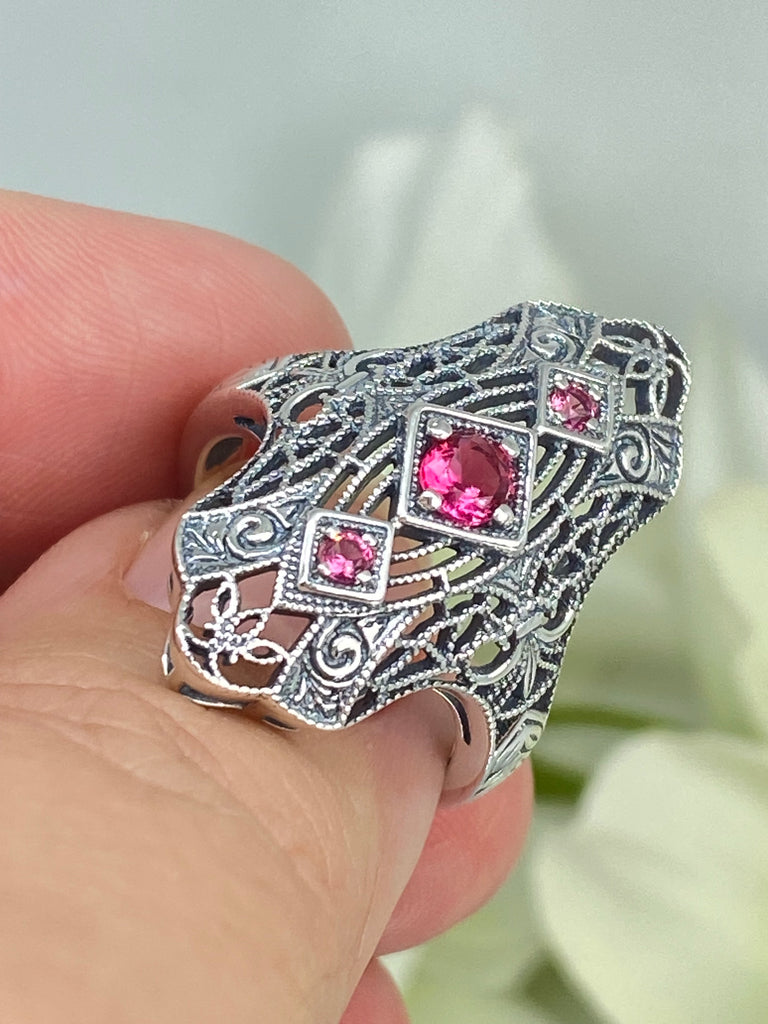 Ruby Ring, Bridgerton design, Triple gem ring, intricate filigree, sterling silver, Silver Embrace Jewelry, D593