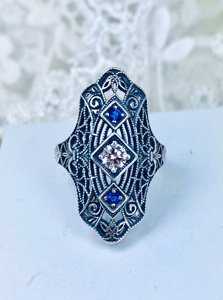 White CZ & Blue Sapphire Ring, Art deco jewelry, Gatsby style, early 20th century jewelry, Sterling Silver Jewelry, Silver Embrace Jewelry, D593
