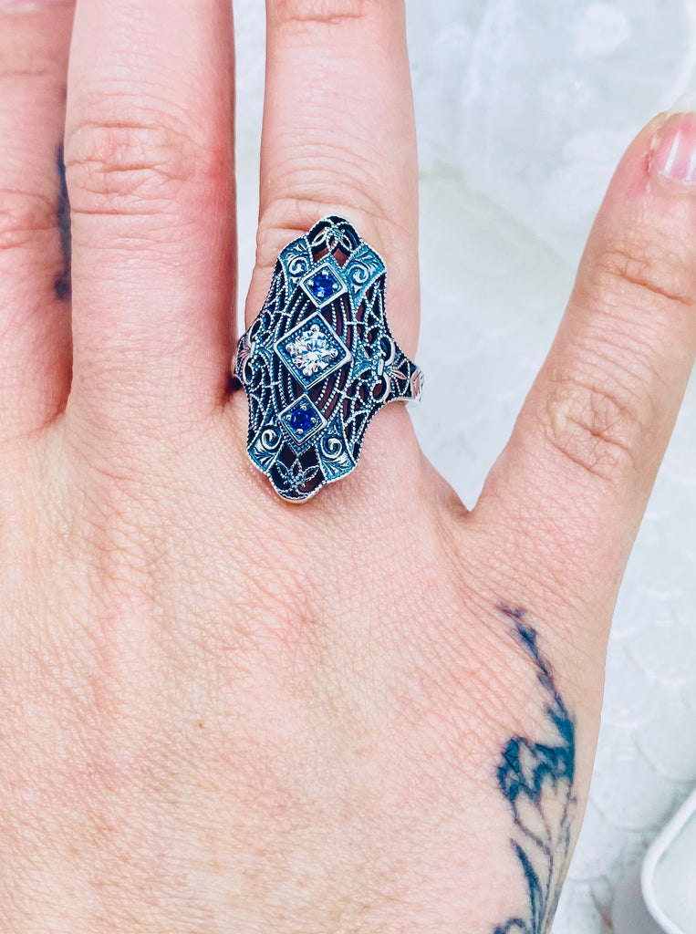 White CZ & Blue Sapphire Ring, Art deco jewelry, Gatsby style, early 20th century jewelry, Sterling Silver Jewelry, Silver Embrace Jewelry, D593