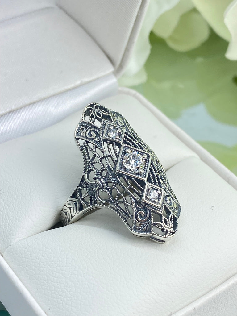 White CZ Ring, Triple Gem Ring, Bridgerton, Intricate filigree, Roaring 20s ring, Sterling silver diamond ring, Silver Embrace Jewelry, D593