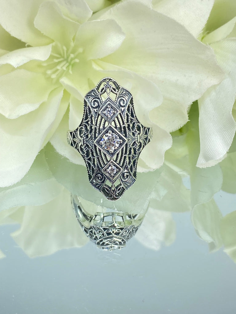 White CZ Ring, Triple Gem Ring, Bridgerton, Intricate filigree, Roaring 20s ring, Sterling silver diamond ring, Silver Embrace Jewelry, D593