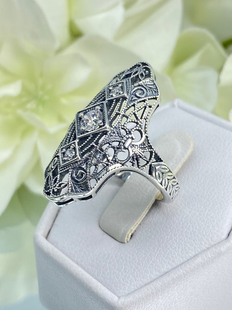 White CZ Ring, Triple Gem Ring, Bridgerton, Intricate filigree, Roaring 20s ring, Sterling silver diamond ring, Silver Embrace Jewelry, D593