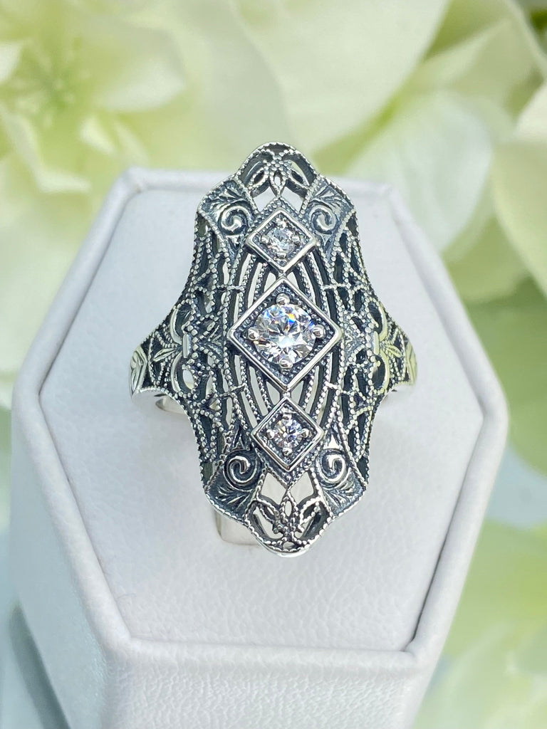 White CZ Ring, Triple Gem Ring, Bridgerton, Intricate filigree, Roaring 20s ring, Sterling silver diamond ring, Silver Embrace Jewelry, D593