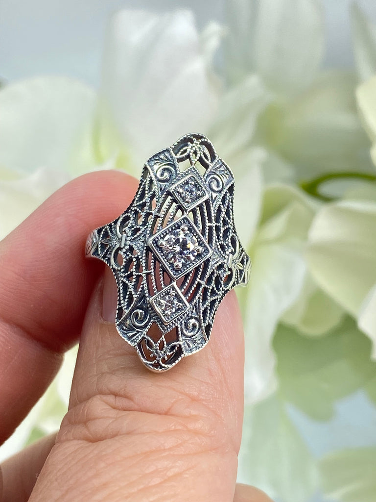 White CZ Ring, Triple Gem Ring, Bridgerton, Intricate filigree, Roaring 20s ring, Sterling silver diamond ring, Silver Embrace Jewelry, D593