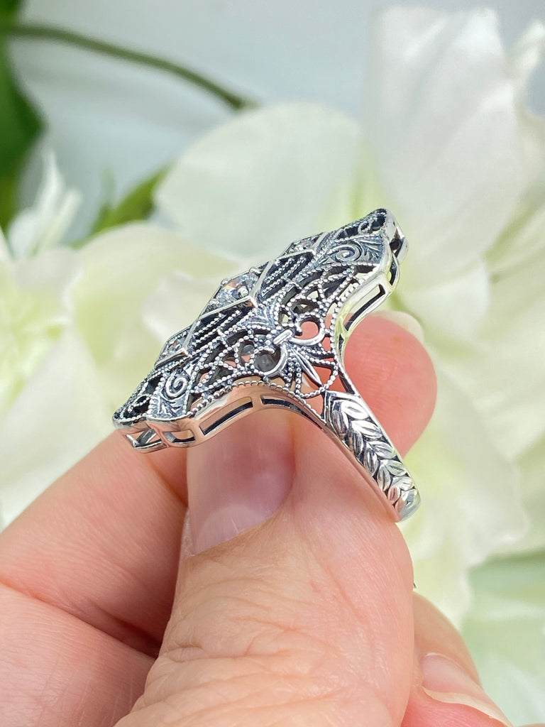 White CZ Ring, Triple Gem Ring, Bridgerton, Intricate filigree, Roaring 20s ring, Sterling silver diamond ring, Silver Embrace Jewelry, D593