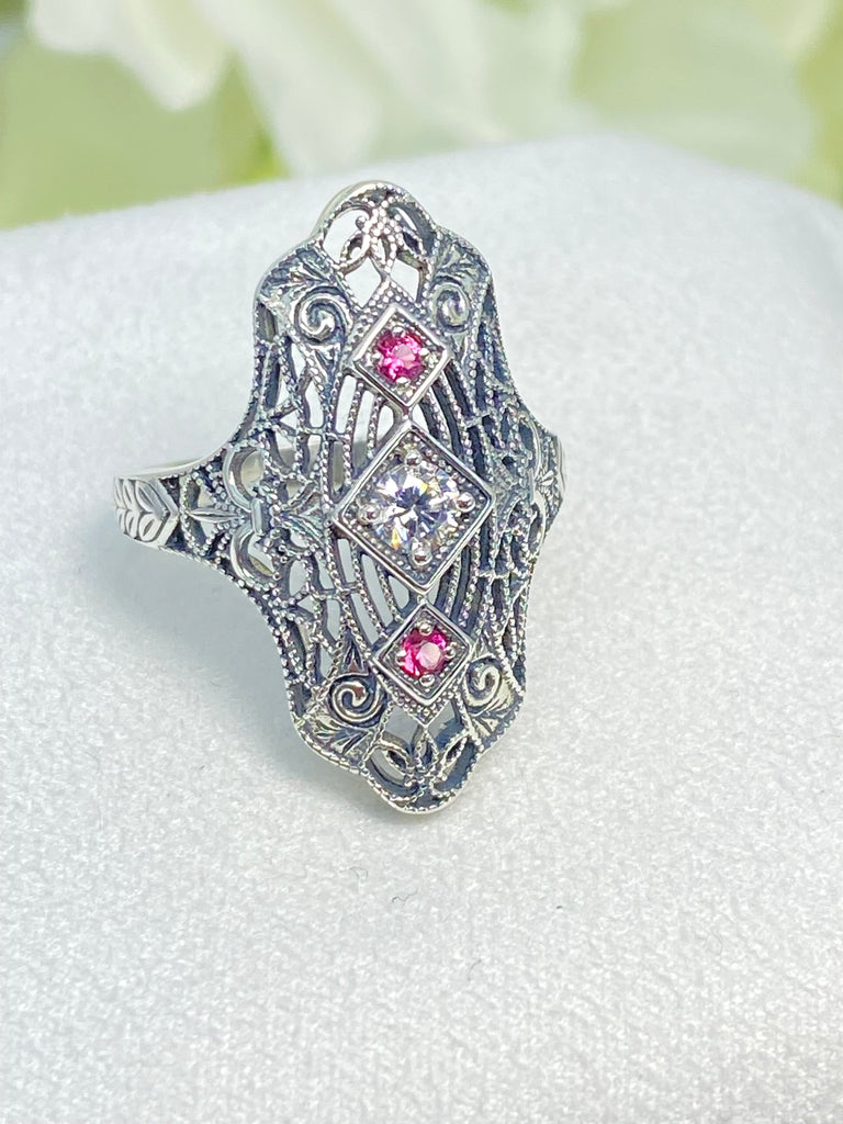 White CZ and Ruby Ring, Art deco style, Gatsby era jewelry, Sterling silver filigree, Silver Embrace Jewelry, Bridgerton, D593