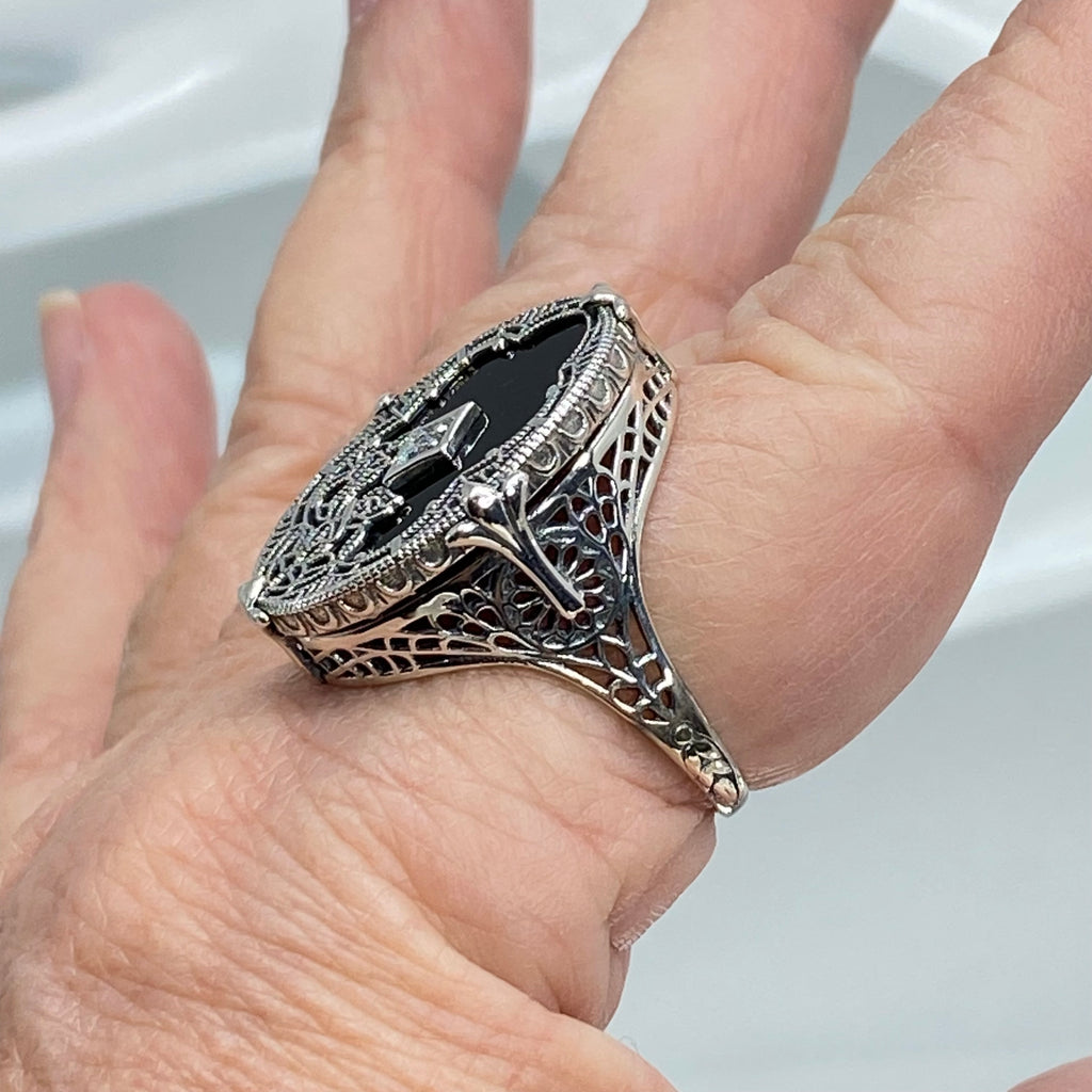 Black Stained Glass Oval Ring, Sterling silver filigree, White CZ Inset or Moissanite Inset, Vintage jewelry, Silver Embrace Jewelry, D594
