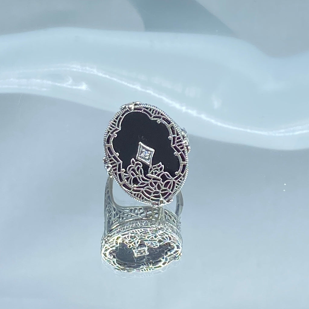 Black Stained Glass Oval Ring, Sterling silver filigree, White CZ Inset or Moissanite Inset, Vintage jewelry, Silver Embrace Jewelry, D594