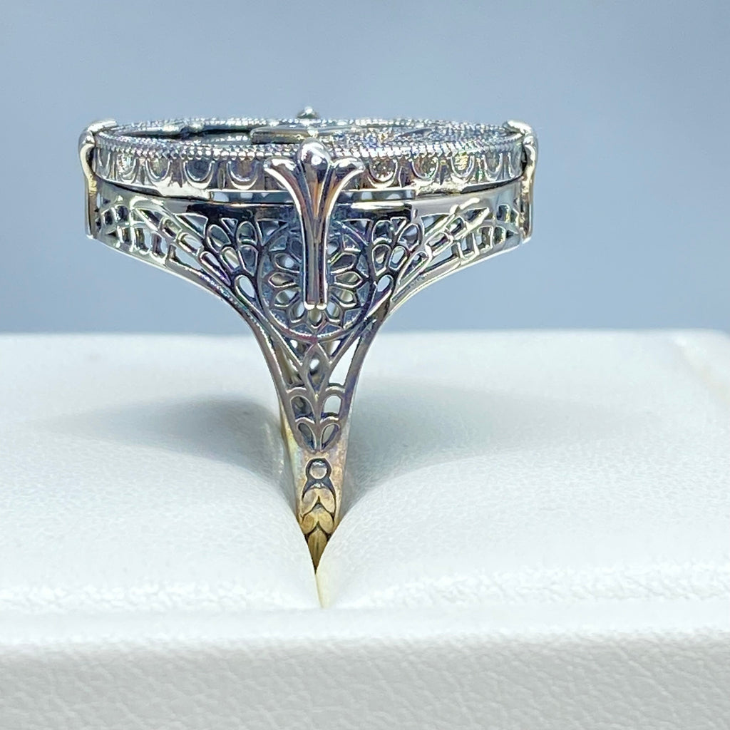 Black Stained Glass Oval Ring, Sterling silver filigree, White CZ Inset or Moissanite Inset, Vintage jewelry, Silver Embrace Jewelry, D594