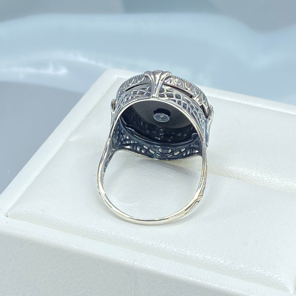 Black Stained Glass Oval Ring, Sterling silver filigree, White CZ Inset or Moissanite Inset, Vintage jewelry, Silver Embrace Jewelry, D594