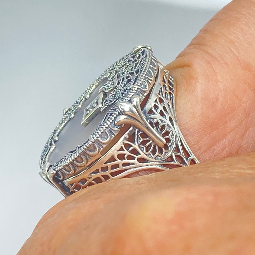 Frosted Camphor Stained Glass Oval Ring, Sterling silver filigree, White CZ Inset or Moissanite Inset, Vintage jewelry, Silver Embrace Jewelry, D594