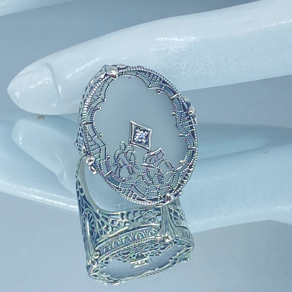 Frosted Camphor Stained Glass Oval Ring, Sterling silver filigree, White CZ Inset or Moissanite Inset, Vintage jewelry, Silver Embrace Jewelry, D594
