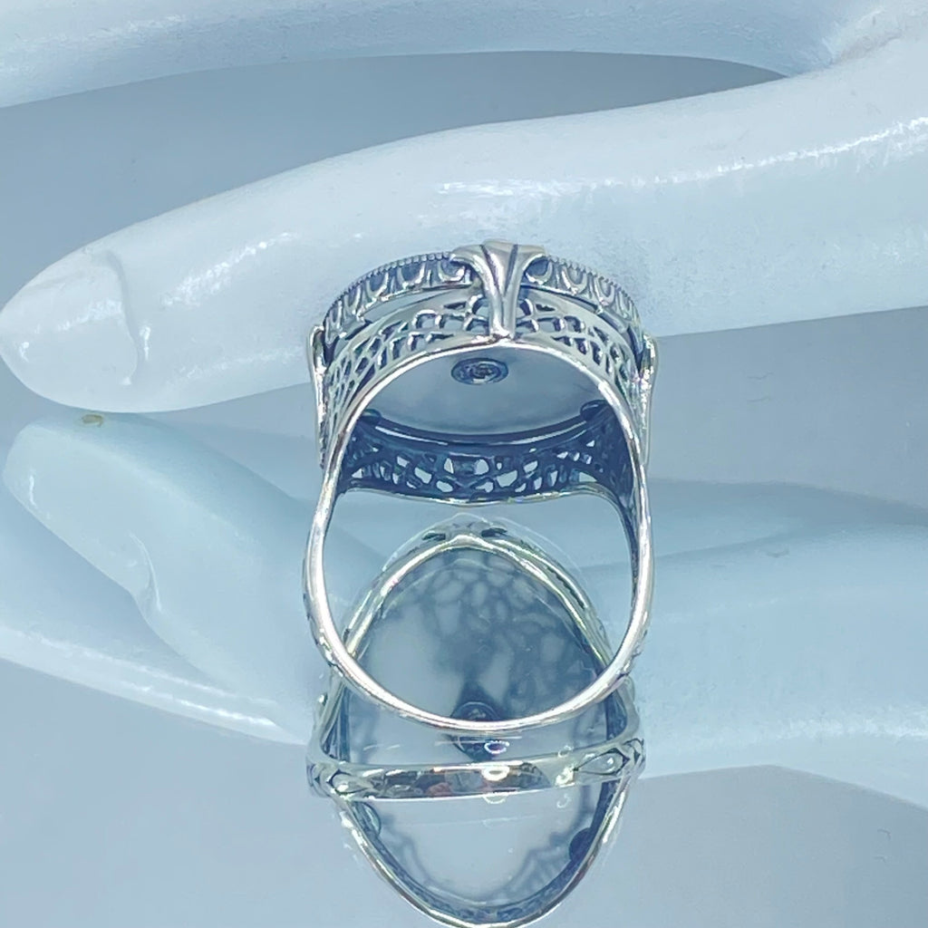 Frosted Camphor Stained Glass Oval Ring, Sterling silver filigree, White CZ Inset or Moissanite Inset, Vintage jewelry, Silver Embrace Jewelry, D594