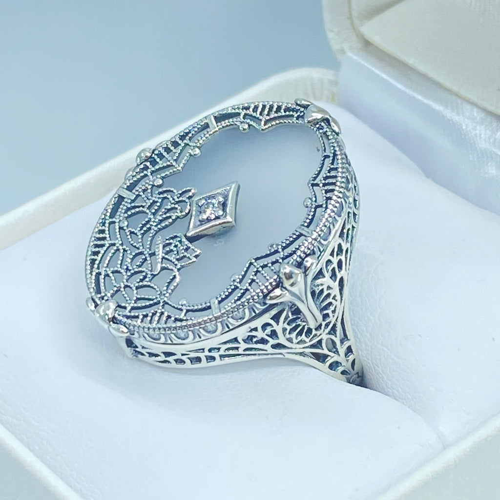 Frosted Camphor Stained Glass Oval Ring, Sterling silver filigree, White CZ Inset or Moissanite Inset, Vintage jewelry, Silver Embrace Jewelry, D594