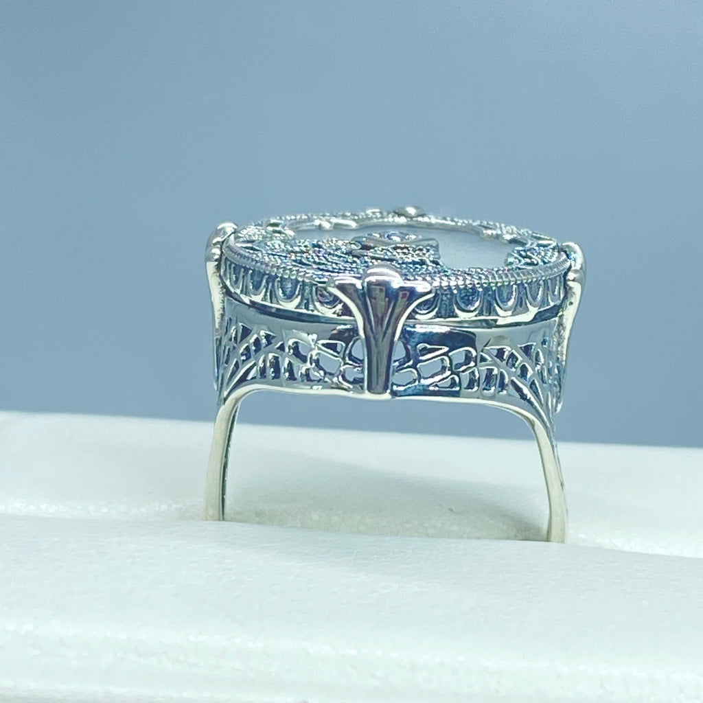 Frosted Camphor Stained Glass Oval Ring, Sterling silver filigree, White CZ Inset or Moissanite Inset, Vintage jewelry, Silver Embrace Jewelry, D594