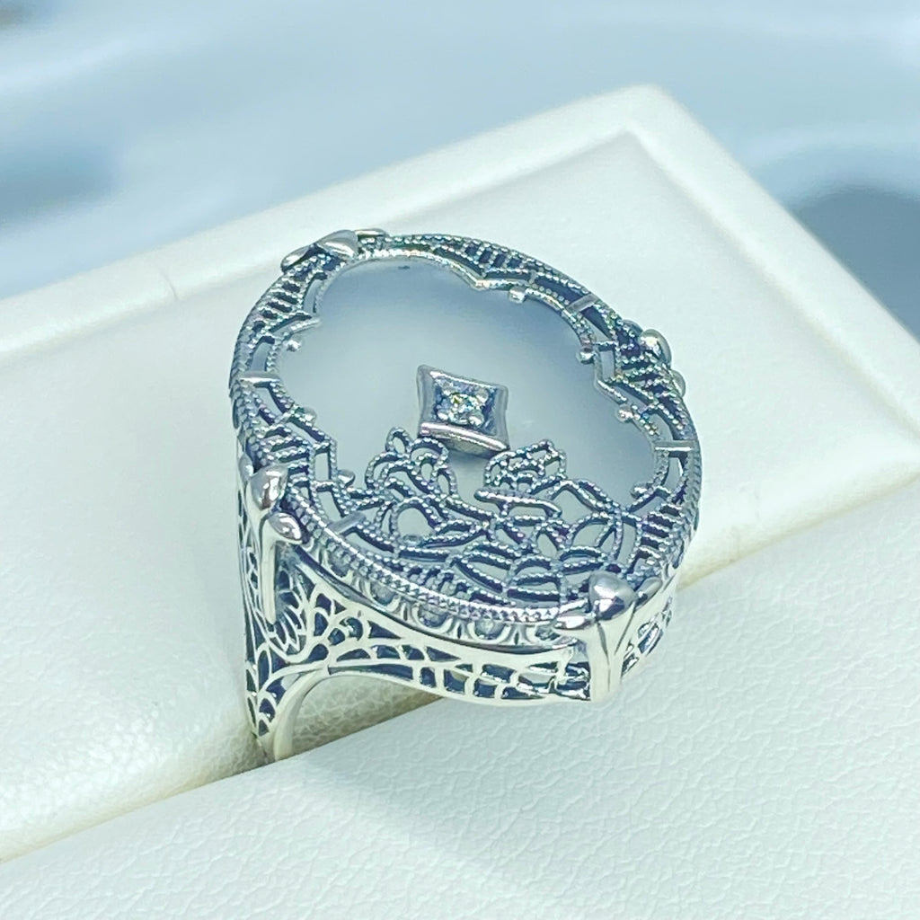 Frosted Camphor Stained Glass Oval Ring, Sterling silver filigree, White CZ Inset or Moissanite Inset, Vintage jewelry, Silver Embrace Jewelry, D594