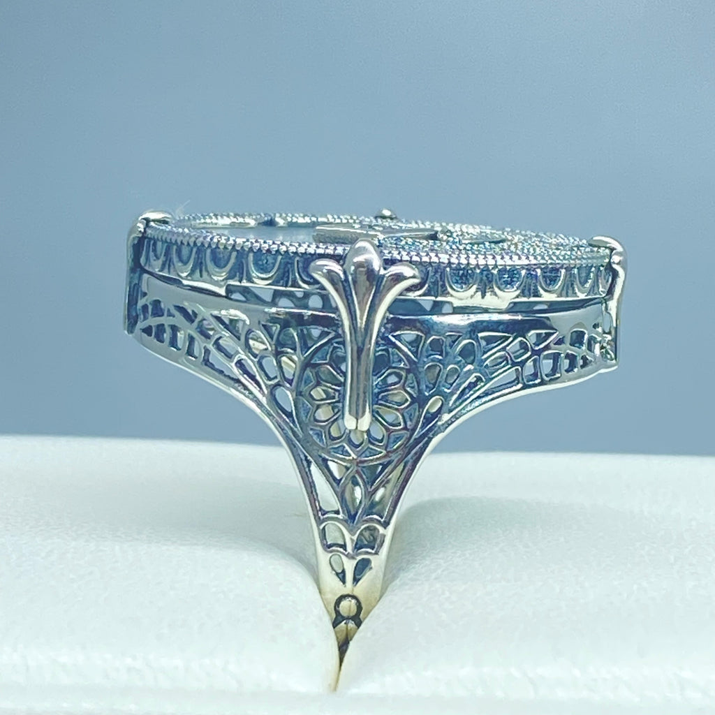 Frosted Camphor Stained Glass Oval Ring, Sterling silver filigree, White CZ Inset or Moissanite Inset, Vintage jewelry, Silver Embrace Jewelry, D594