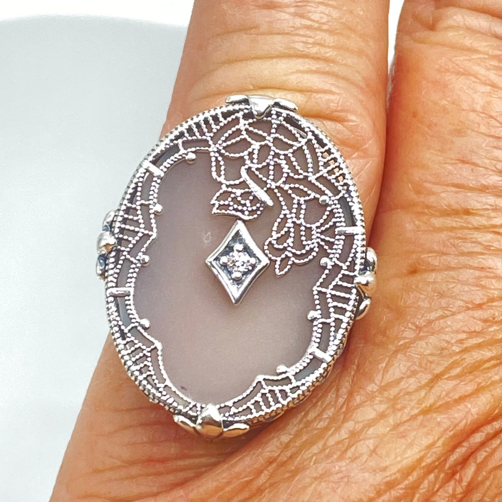 Frosted Camphor Stained Glass Oval Ring, Sterling silver filigree, White CZ Inset or Moissanite Inset, Vintage jewelry, Silver Embrace Jewelry, D594
