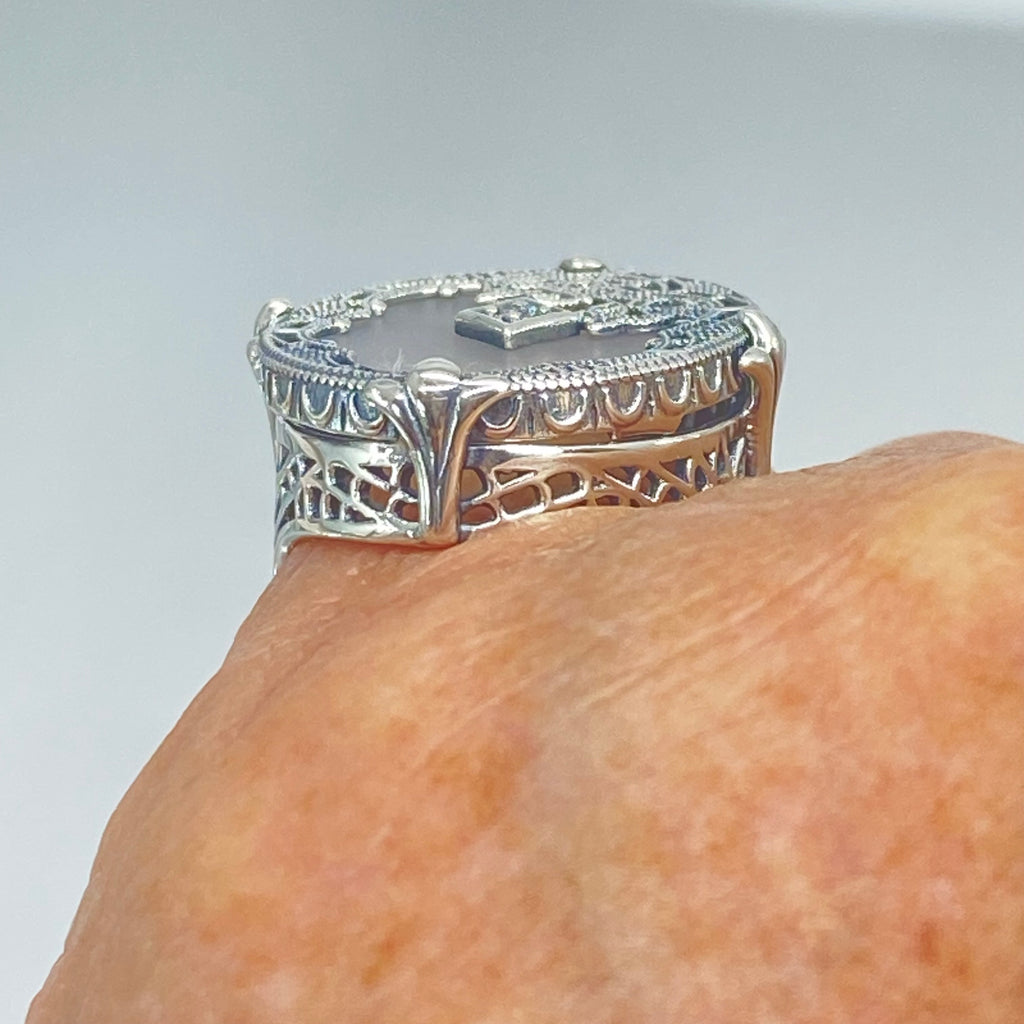 Frosted Camphor Stained Glass Oval Ring, Sterling silver filigree, White CZ Inset or Moissanite Inset, Vintage jewelry, Silver Embrace Jewelry, D594