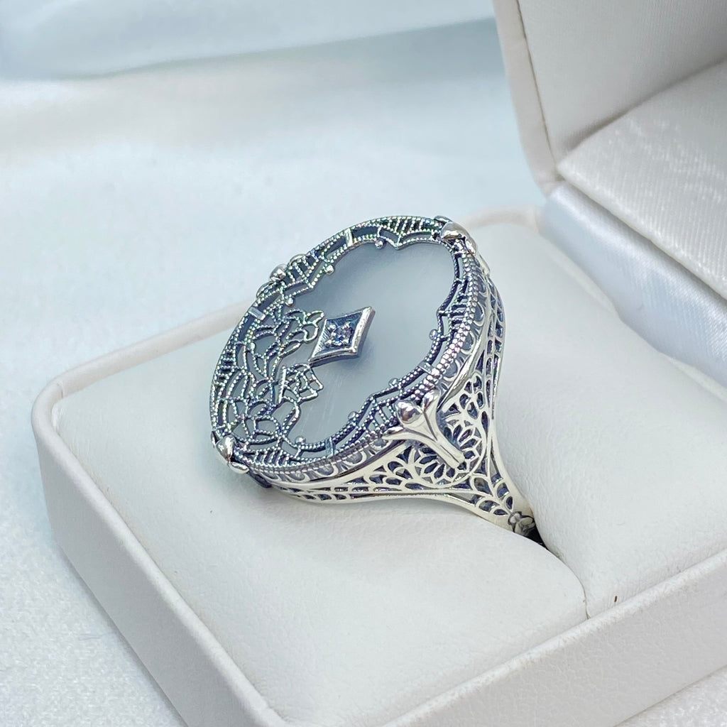 Frosted Camphor Stained Glass Oval Ring, Sterling silver filigree, White CZ Inset or Moissanite Inset, Vintage jewelry, Silver Embrace Jewelry, D594