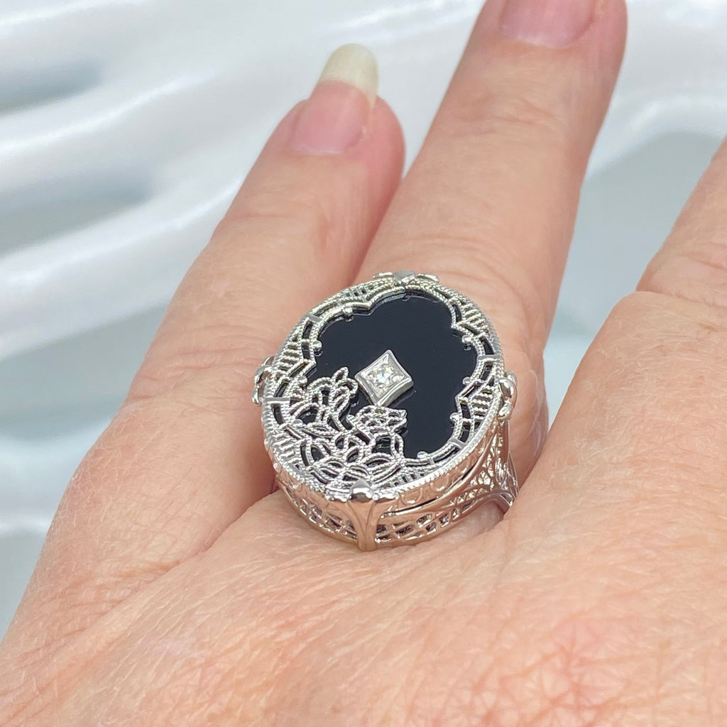 Black Stained Glass Oval Ring, White Gold plated Sterling silver filigree, White CZ Inset or Moissanite Inset, Vintage jewelry, Silver Embrace Jewelry, D594