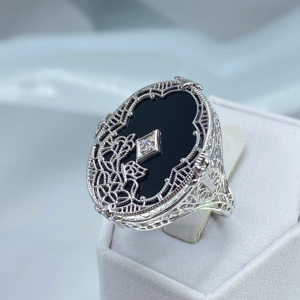 Black Stained Glass Oval Ring, White Gold plated Sterling silver filigree, White CZ Inset or Moissanite Inset, Vintage jewelry, Silver Embrace Jewelry, D594