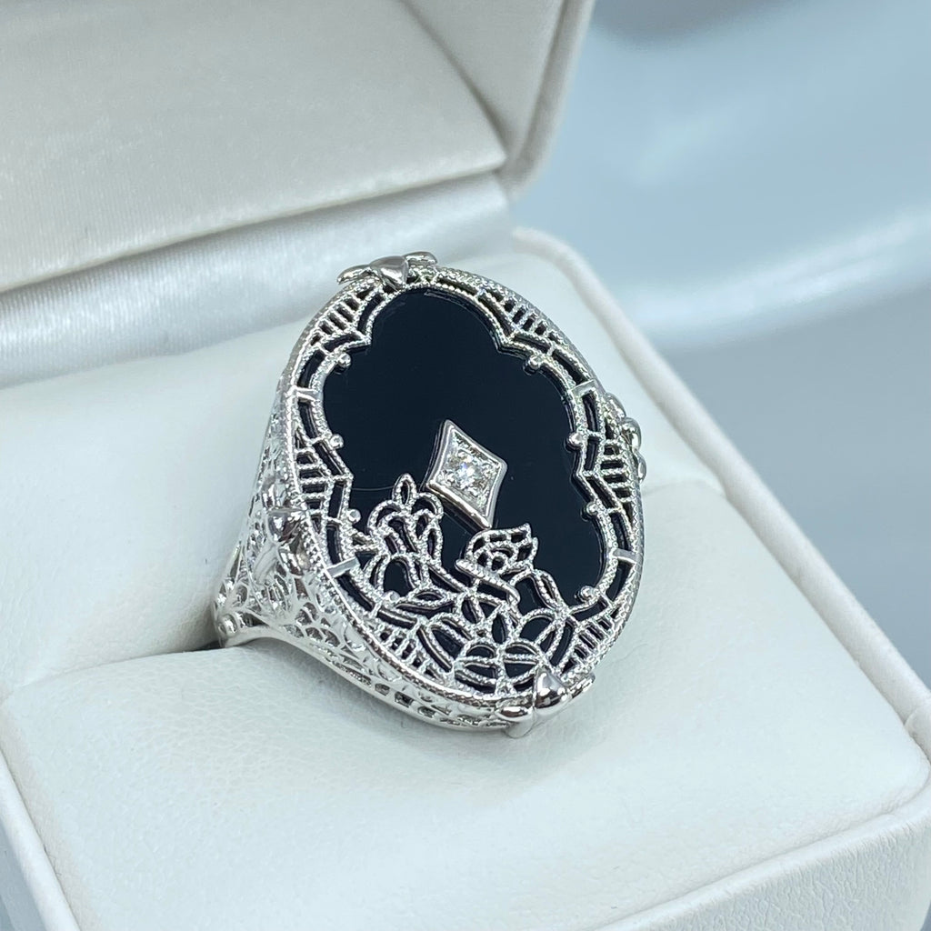 Black Stained Glass Oval Ring, White Gold plated Sterling silver filigree, White CZ Inset or Moissanite Inset, Vintage jewelry, Silver Embrace Jewelry, D594