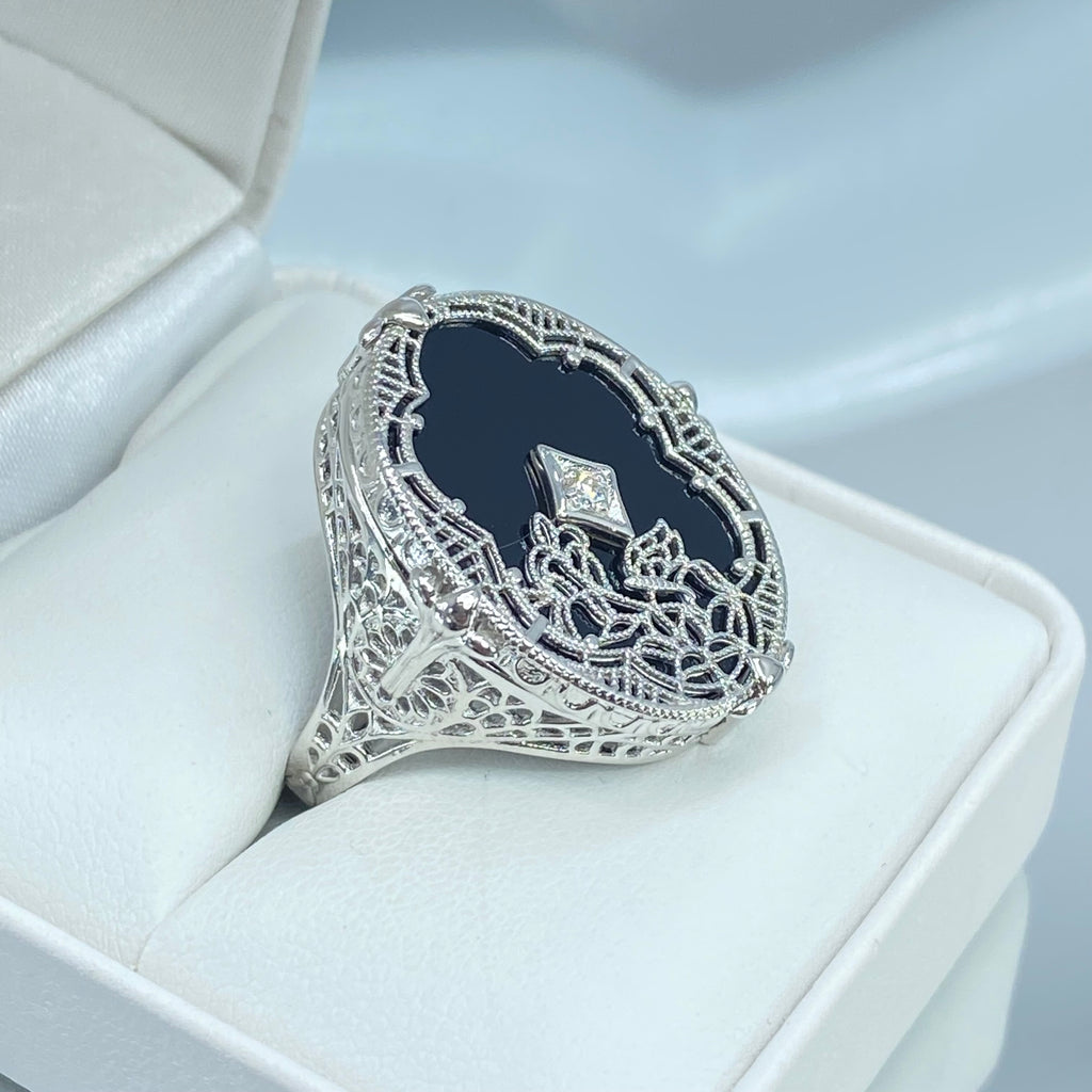 Black Stained Glass Oval Ring, White Gold plated Sterling silver filigree, White CZ Inset or Moissanite Inset, Vintage jewelry, Silver Embrace Jewelry, D594