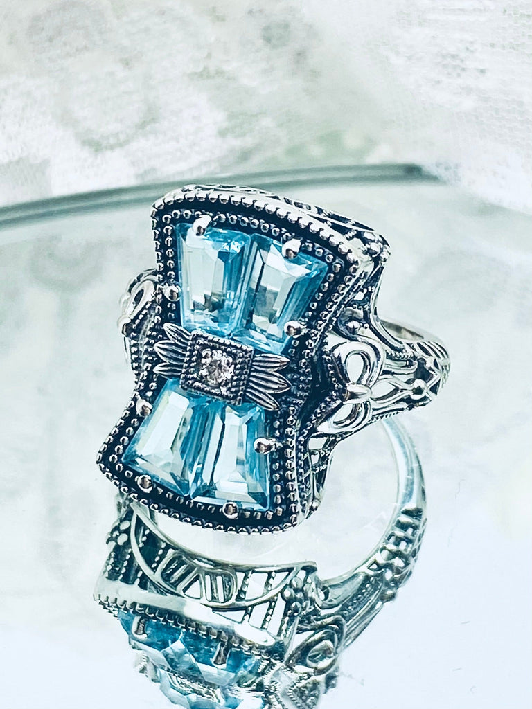 Sky Blue Aquamarine Ring, 925 Sterling Silver, Bow & Baguettes, Sterling Silver Filigree, Vintage Jewelry, Versailles Design, Silver Embrace Jewelry, D595