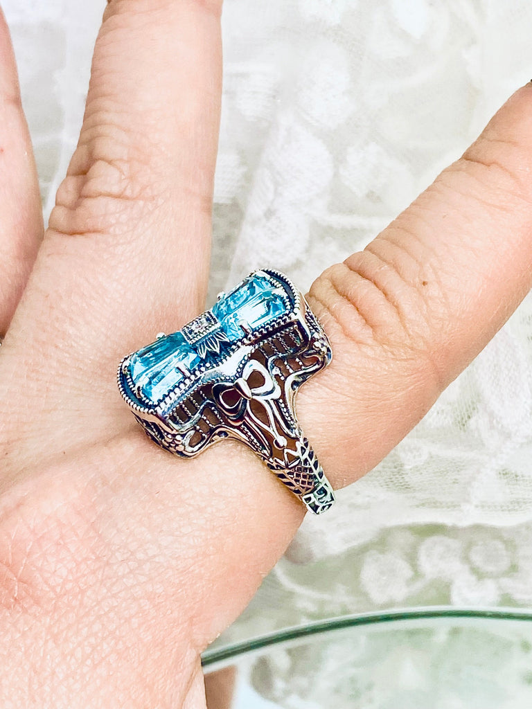 Sky Blue Aquamarine Ring, 925 Sterling Silver, Bow & Baguettes, Sterling Silver Filigree, Vintage Jewelry, Versailles Design, Silver Embrace Jewelry, D595
